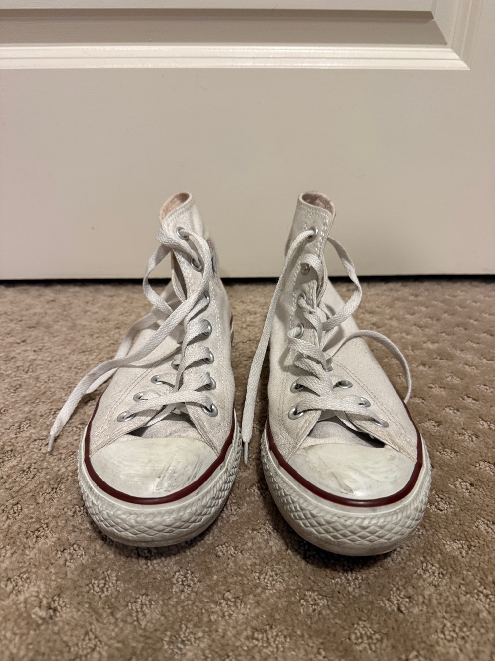 Converse High-Top Canvas Sneakers in White with Red Trim